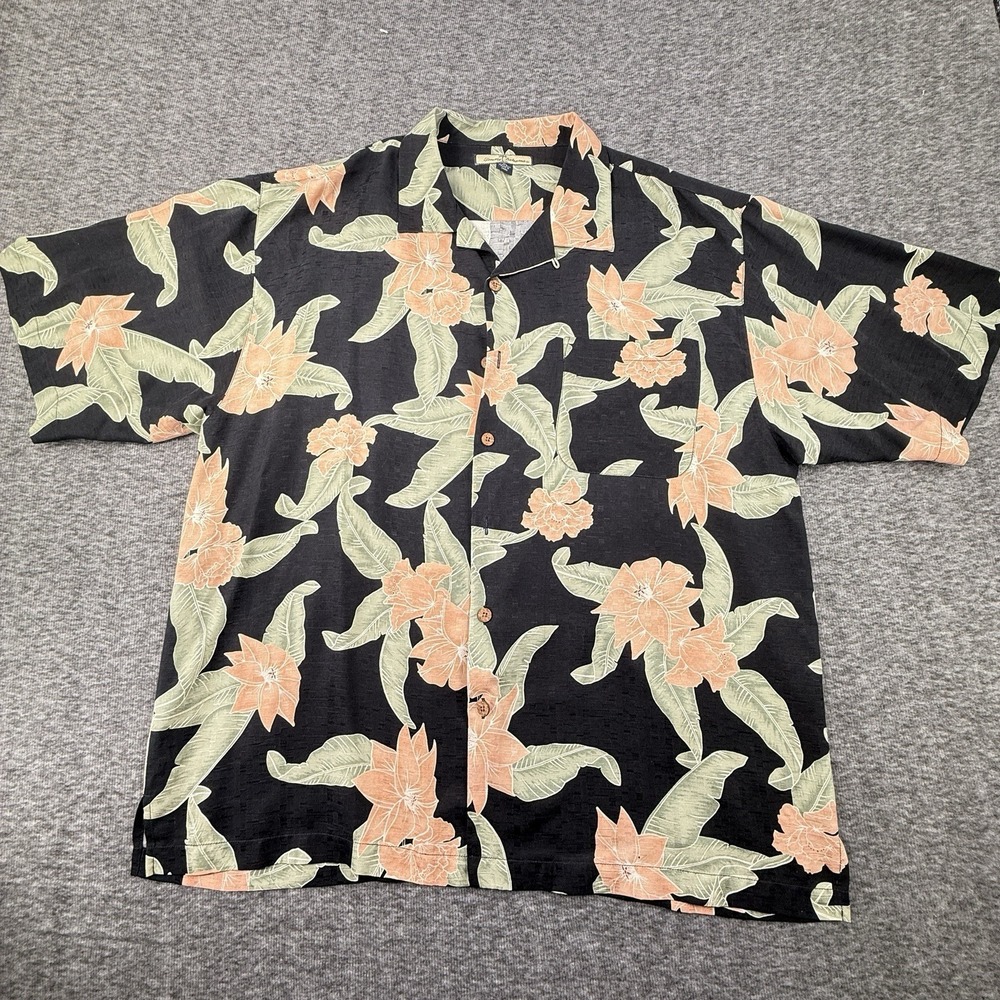 Tommy Bahama Shirt Mens XL Black Silk Floral Hawaiian Aloha Camp Rare Print